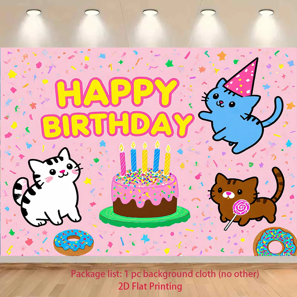 Happy Birthday Cat Tapestry, Cute Kitten Party Wall Hanging, Pink Cartoon Animal Decor for Kids Room Nursery Bedroom
