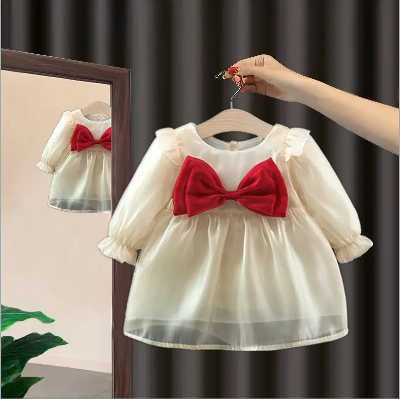 Spring and Autumn Christmas Baby Girl Long Sleeve Dress Girls\' Color blocked Bow Solid Color Princess Dress 0-3 Years Old