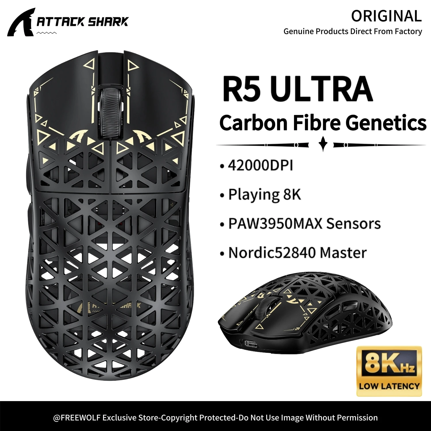 ATTACK SHARK R5 Ultra Three-mode Mouse,Carbon Fiber Composite Material Design,PAW3950MAX Chip,42000DPI,Nordic52840 Master for PC