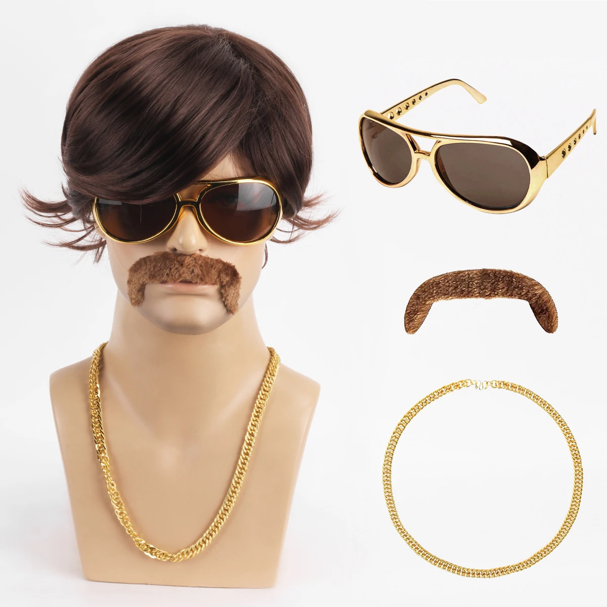 4-piece disco brown synthetic wig set {wig+glasses+necklace+beard} suitable for 70s men\'s wigs, 80s men\'s disco men\'s wigs, squi