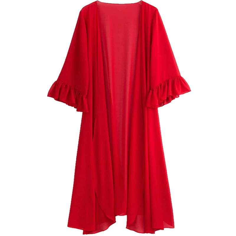 

Women Vintage solid Chiffon Shirts Loose Shawl Kimono Cardigan Boho Tops Long Sunscreen Jacket Blouse Cardigan plus size