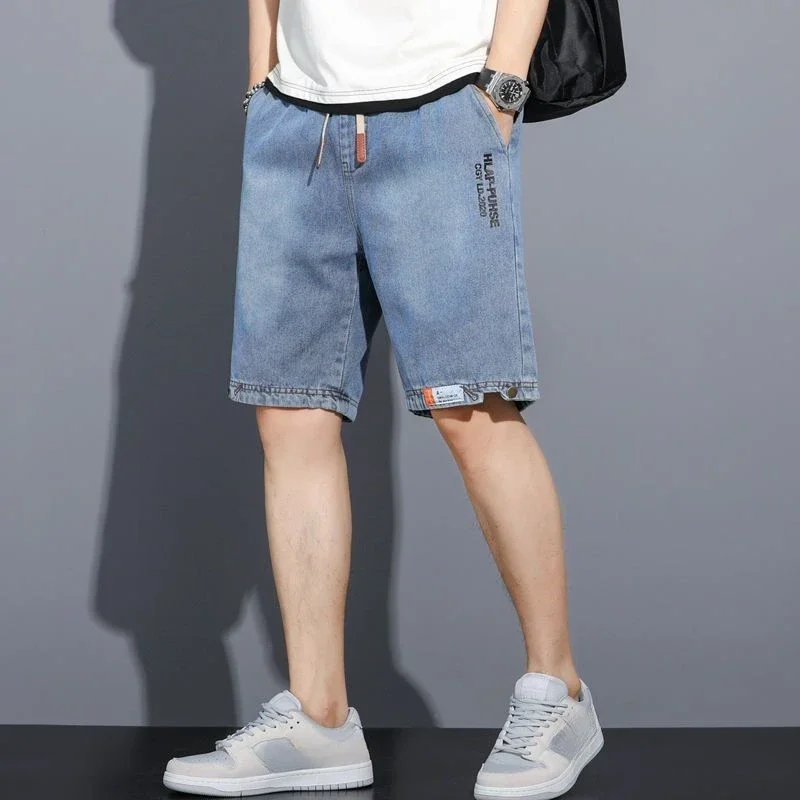 Male Denim Shorts Loose Wide Ripped Baggy Gray Men's Short Jeans Pants Trend 2024 Buttons Y2k Fashion Cut New in Streetwear Xl