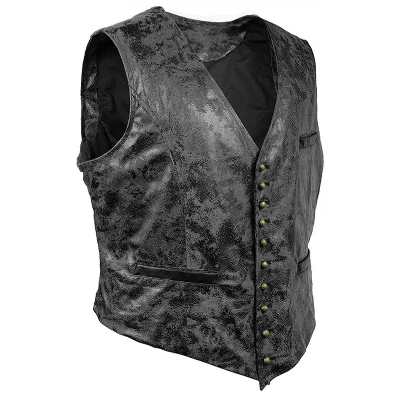 Vintage Men\' Medieval Button Vest Faux Leather Single Chest Sleeveless Knight Costume Role Play Waistcoat