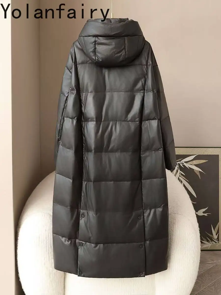 YOLANFAIRY Prawdziwa Skórzana Kurtka Puchowa Damska Zimowa Długa z Kapturem, Puchowa Kurtka z Gęsiego Puchu, Ciepła Modna Kurtka Puchowa Abrigos