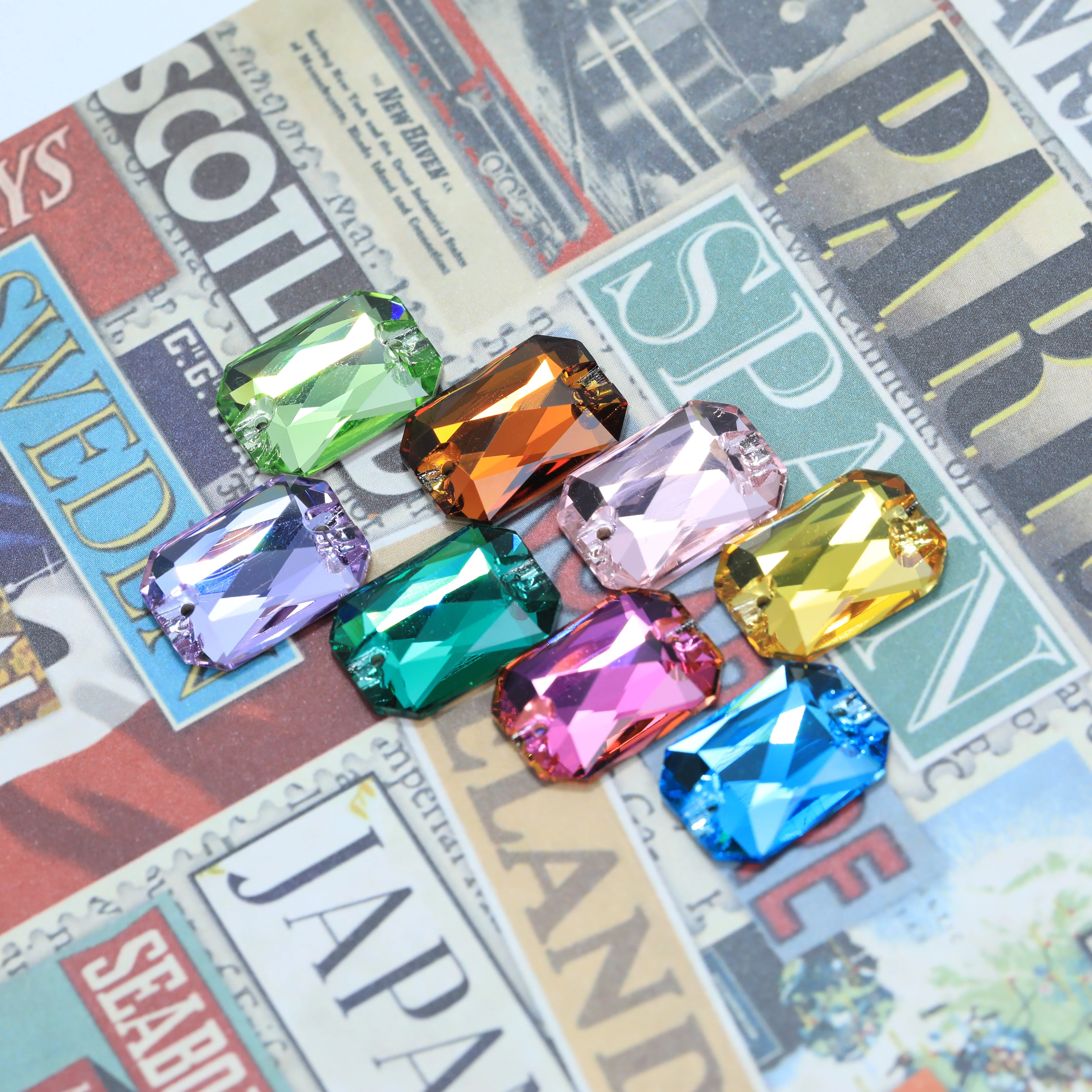 Hochwertige Glas-Kristall-Strasssteine mit flacher Rückseite, rechteckig, achteckig, zum Aufnähen, weiß plattiert, bunt, für Kleidung, Taschen, Schuhe, DIY-Kunst. – Detail 2