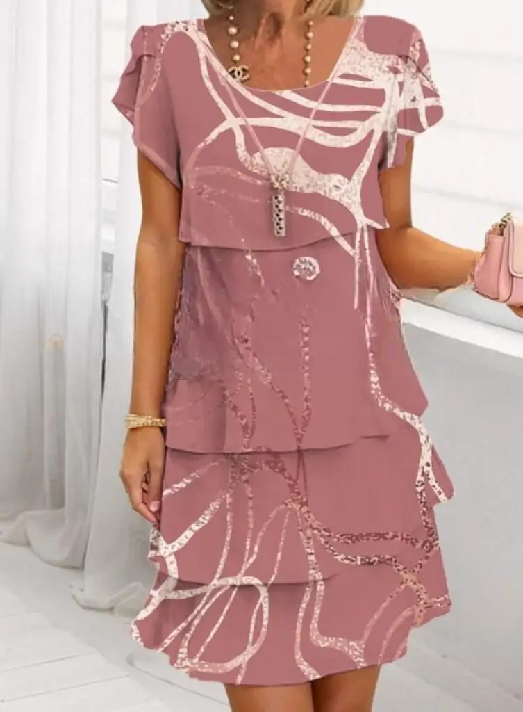 2025 primavera chique floral impressão chiffon vestido mulher elegante tripulação pescoço em camadas vestido plissado verão manga curta a linha vestido de festa