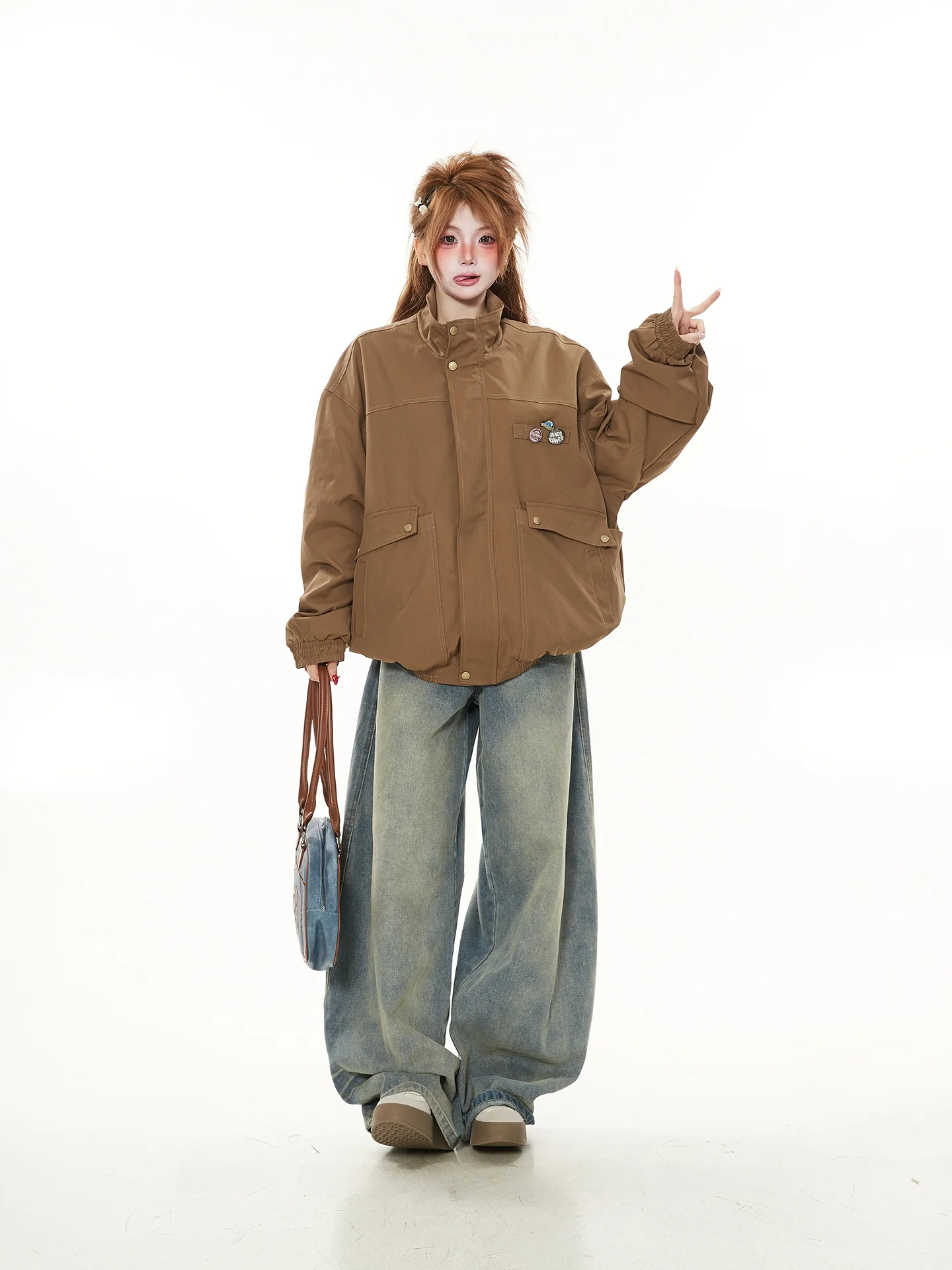 

American High Street Loose ape Jaet Women's Spring Autumn Vintage Retro Coat with Big ket Collar Stand up Jaet