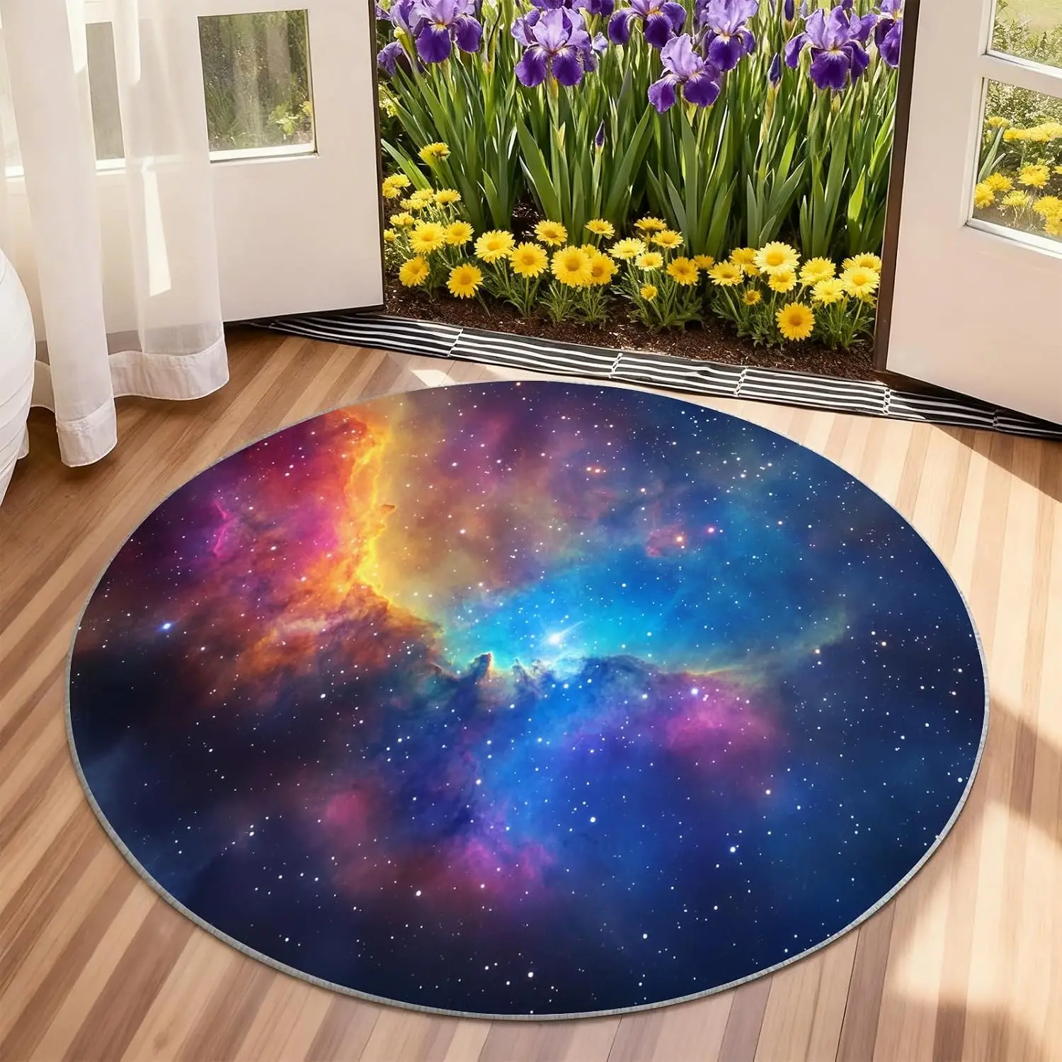 Round Galaxy Nebula Space Cushion Mat Rug Polyester Floor Carpet Luxury Cosmic Stars Artwork Decor Accent Throw Mat for Living R