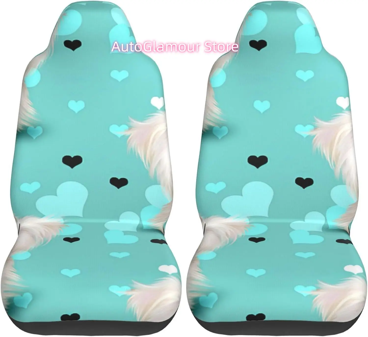 Maltese Dog Aqua Blue and Hearts 2-Piece   Seat Cover Complete Set - Elastic Seat Protection Cover for Cars, Trucks