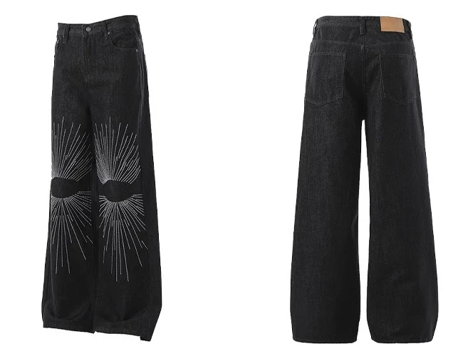 2025, Sommer, neuer Trend, bestickte, schicke Jeans, Herrenmode, High Street, hübsche Denim-Hosen mit weitem Bein, stilvolle Denim-Hosen für Männer