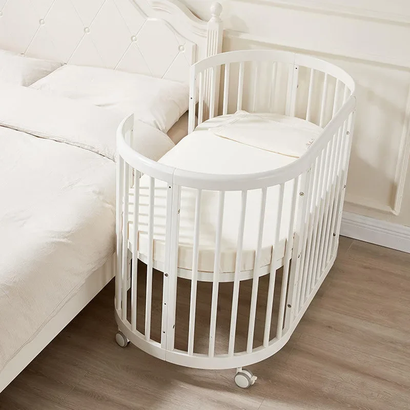 

【Customized】Crib solid wood European splicing queen bed movable newborn cot multi-functional white round bed