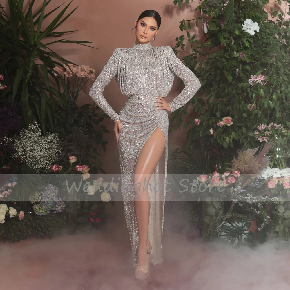 Damen Abendkleider funkelnd Pailletten lange Ärmel Meerjungfrau Kleid Silber hoch geschlitzt rücken frei sexy Abschluss ball Party kleid 2023