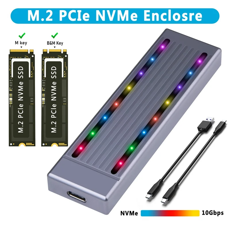 HJ-M.2 Custodia per disco rigido Nvme SSD Custodia per disco rigido con luce RGB fredda Custodia CNC in alluminio ad alta velocità Gen.2 con cavo
