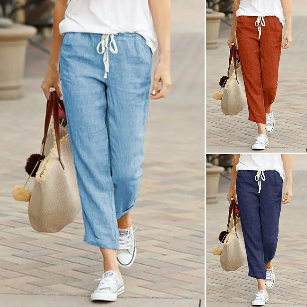 Calça feminina de algodão de linho no comprimento do tornozelo, calça casual feminina com elástico na cintura, calça reta solta, monocromática, moda verão, 2024
