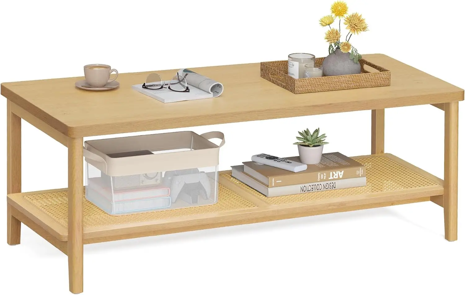 2-Tier Coffee Table, Rectangular Storage Table, Boho Style, Oak Beige, 21.7 x 47.2 x 17.7 Inches