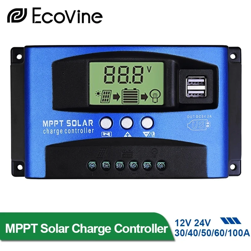 

MPPT Solar Charge Controller 12V 24V Solar Panel Battery Charger 30A 40A 50A 60A 100A Dual USB LCD Display Regulator with Load