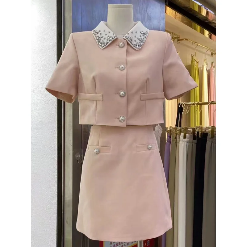 Sweet French High-quality Diamond-encrusted Sweet Suit Pink Doll Collar Coat+ Skirt Set Korea Cute Two-piece Women Suit Summer