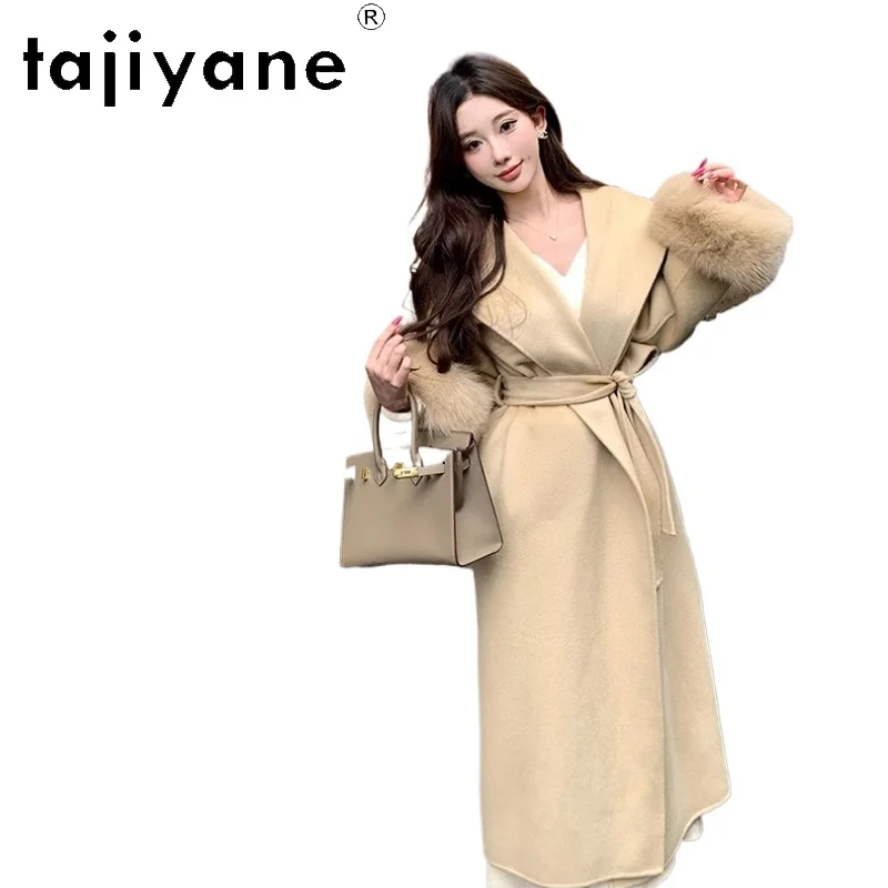 

TAJIYANE, длинное пальто с капюшоном из 100% шерсти, женское пальто со съемными манжетами из лисьего меха, верхняя одежда, женская одежда, зимние пальто премиум-класса 2025, manteaux