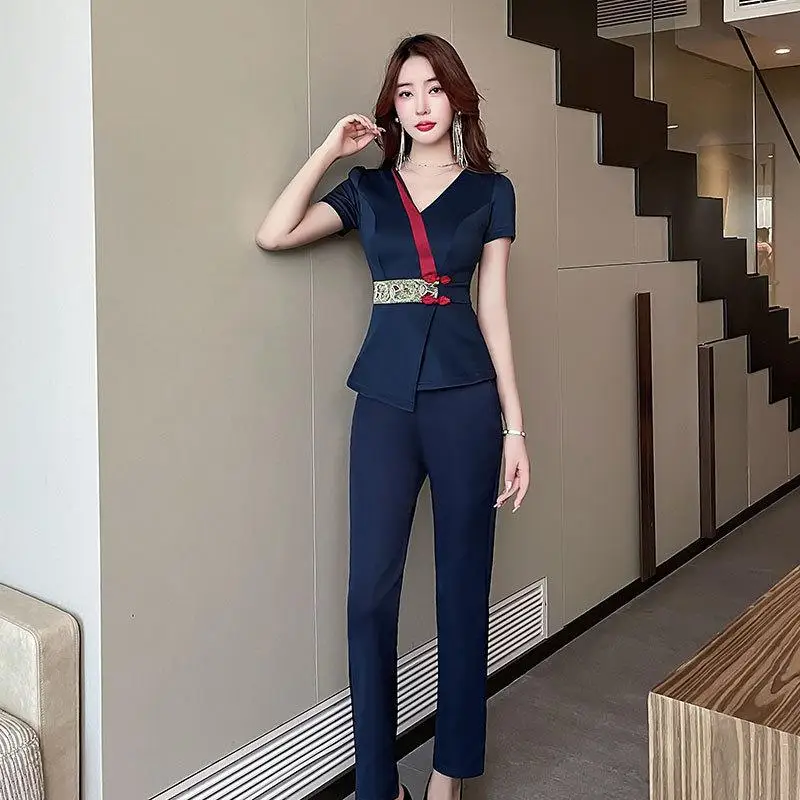 Ladies' Workwear Set With Printed Logo Hotel Waiter Pants Uniform Beauty Salon Spa Massage Foot Bath Sauna Technician Uniform