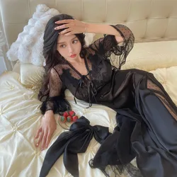 V-Neck Lace Nightdress Women Sleepwear Nightgown Dress Loungewear Summer Silky Satin Bathrobe Morning Gown Home Wear Clothes