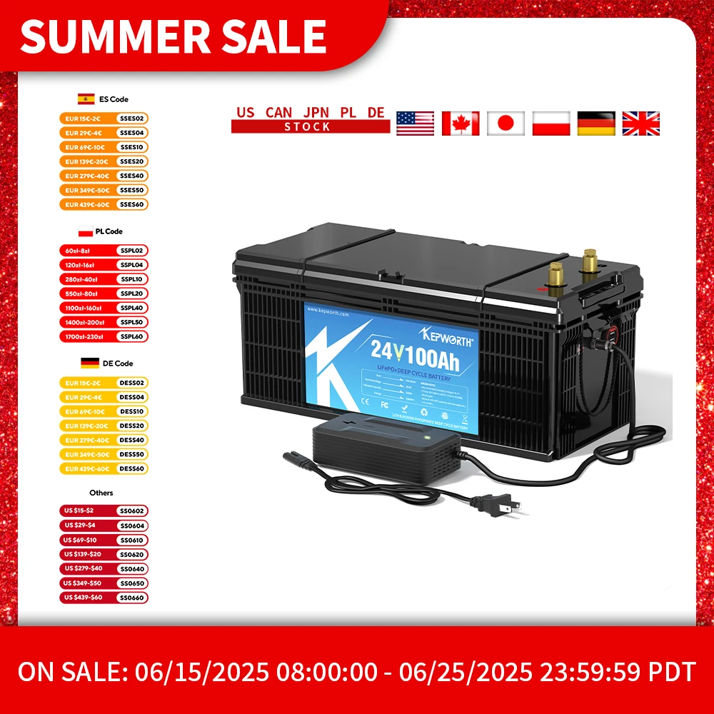 

KEPWORTH 24V 100Ah LiFePO4 Battery Built-in Bluetooth BMS 2560WH Perfect for RV Solar Marine Overland Off-Grid Application