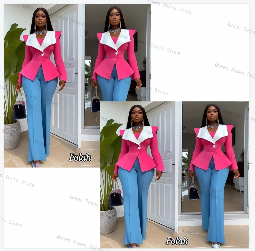 Conjunto de terno feminino 2 peças blazer calças azul branco rosa formal senhora do escritório jaqueta algodão casamento noiva casaco personalizado