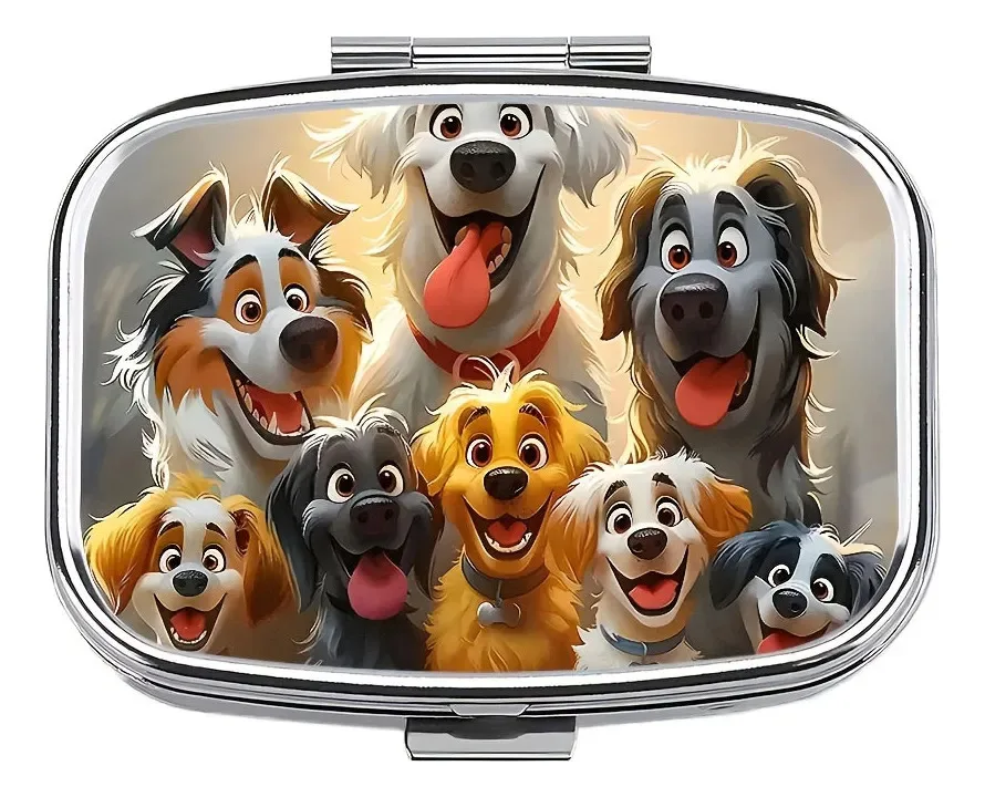 Adorable Group of Dogs Pill Storage Box, Portable Metal Pill Case, Travel Decor Container for Pills, Vitamins Small Accessories