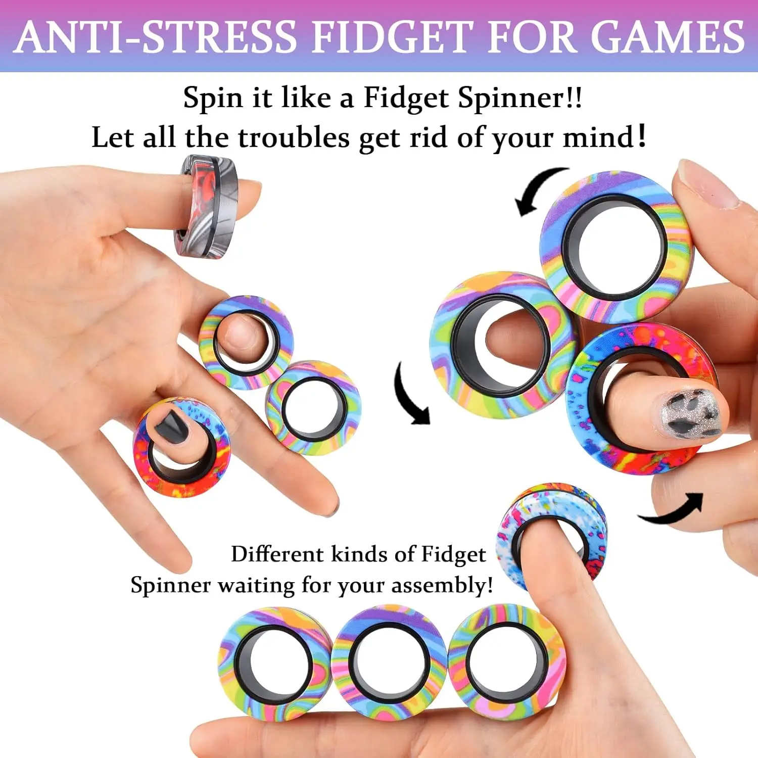 3pcs Finger Magnetic Rings Colorful Fidget Toy Set Adult Magnets Spinner Rings for Relieve Stress Anxiety Relief Therapy