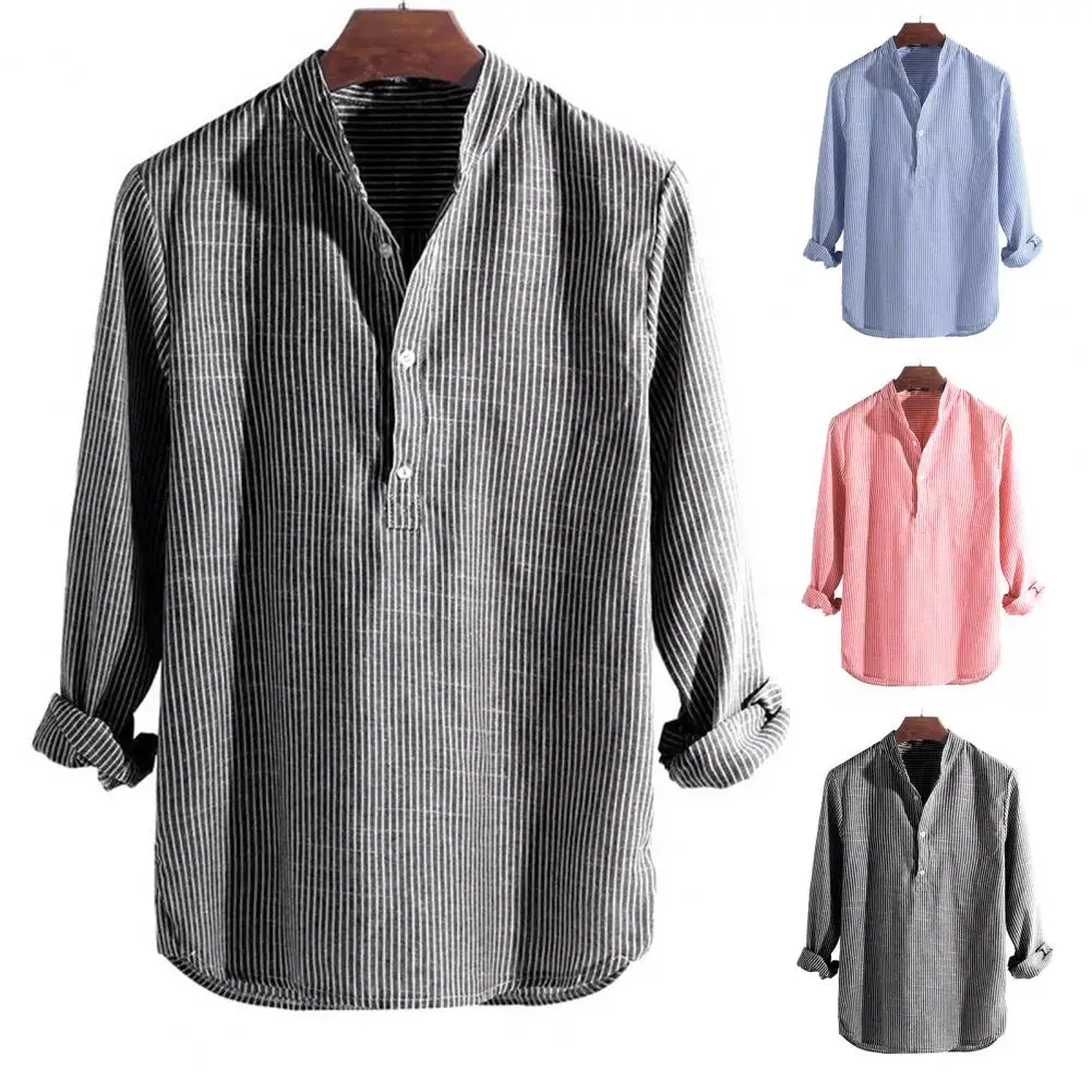 Camisa de algodón y lino para hombre, blusa informal a rayas con cuello levantado, botones suaves de manga larga, talla grande