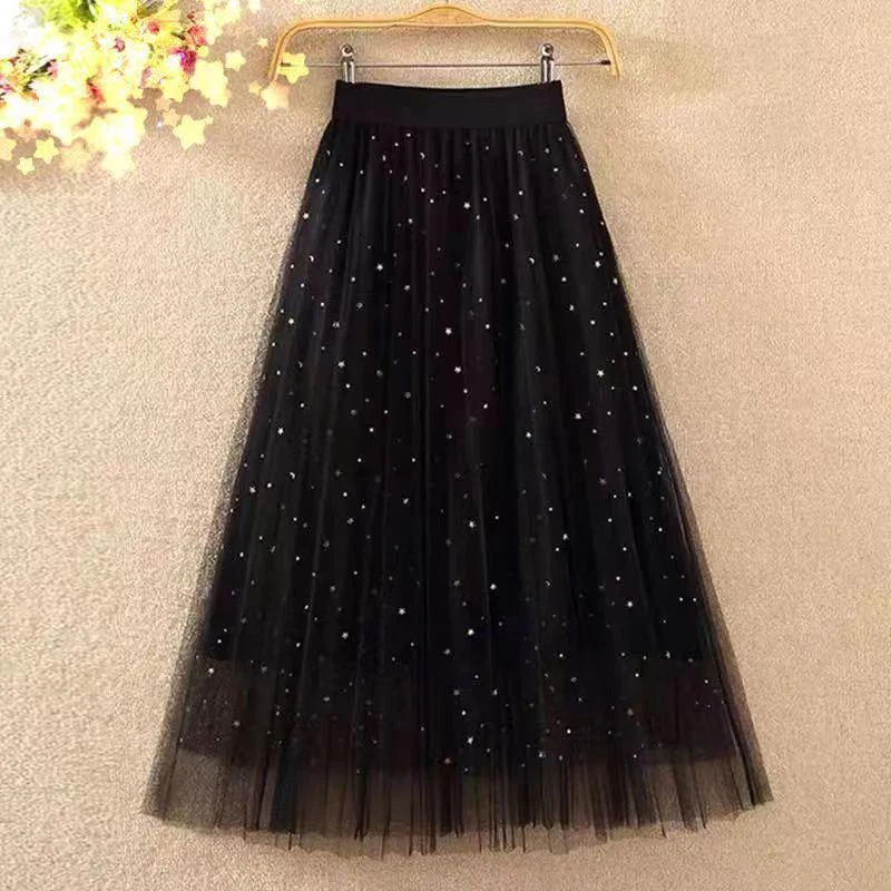 Spring Summer High Waist Elegant Sequins Mesh Skirt Ladies Temperament All-match Fairy Ankle Length A-line Skirts Female Clothes