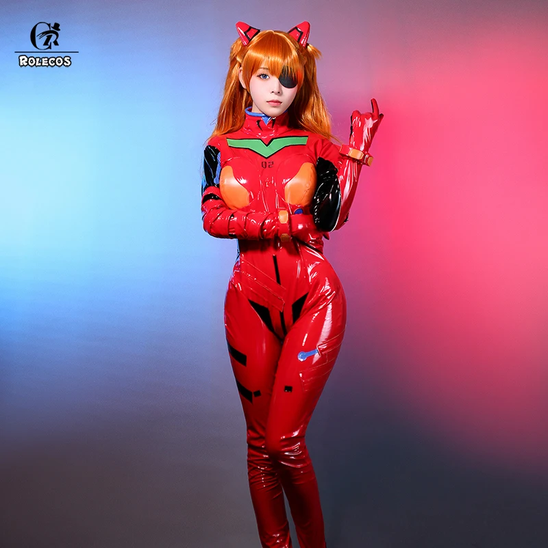 ROLECOS EVA Asuka Langley Soryu kostum Cosplay, kostum Asuka Langley Soryu EVANGELION-02, Jumpsuit tempur, pakaian pesta Halloween wanita