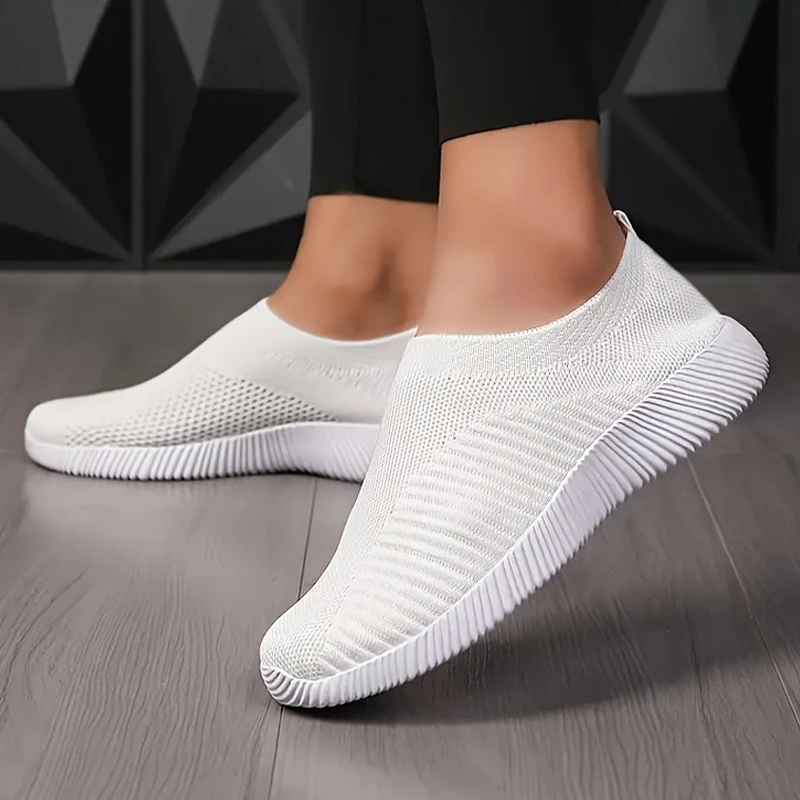 Women's Solid Color Flat Casual Sneakers Breathable Mesh Woven Outdoor Lightweight Low Top Walking Sports Socks Tennis Shoes