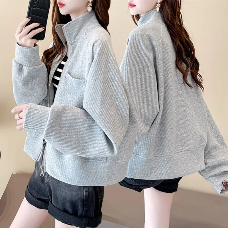 Mantel Kerah Berdiri untuk Wanita Musim Semi Musim Gugur Mode Korea Chic Longgar Streetwear Ritsleting Kardigan Perempuan Kaus Jaket Pakaian