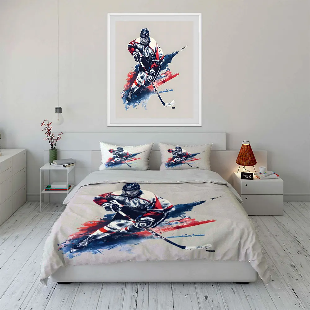 Dynamic illustration of hockey player Print Soft Comfortable Duvet Cover Bedding Set Included 1*Duvet Cover  2*Pillowcases