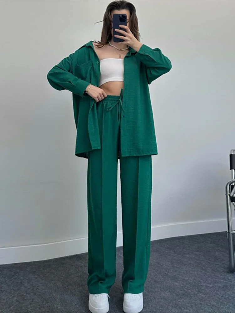 Casual New In Damskie Dwuczęściowe Zestawy 2024 Wiosna Jesień Eleganckie Koszule I Szerokie Nogawki Spodnie Wysoka Talia 2-częściowe Zestawy Stroje