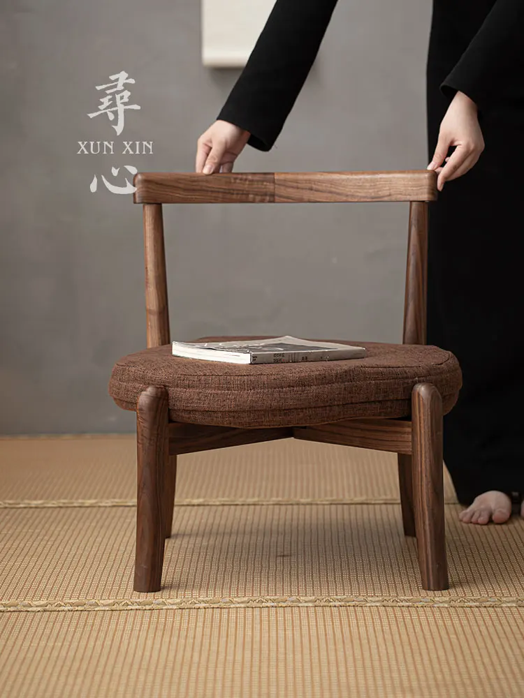 Xunxin walnut futon seat retro solid wood foldable portable chair back chair Chinese simple tea table chair