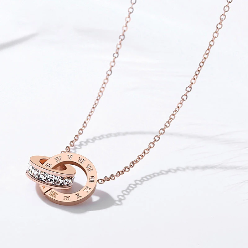 PAXA Luxury Elegant Stainless Steel Roman Number Pendant Necklace for Women Zirconia Chain Choker Fashion Charm Female Jewelry