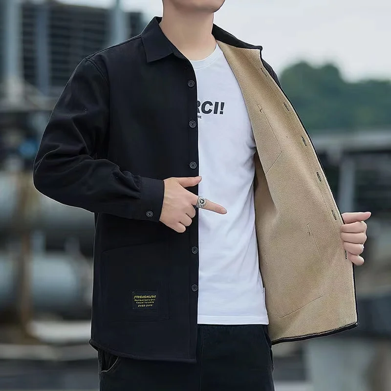 Uxar Pure Cotton Fleece Lined Long Sleeve Casual Shirt for Men Thickened Loose Fit Workwear Trendy Outerwear for Autumn And W...
