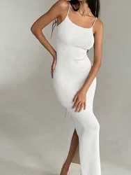 Elegante vestido branco longo de malha feminino, alças de espaguete, bodycon sem costas, vestido maxi, vestido de fenda com renda, quente, sexy, roupas de festa