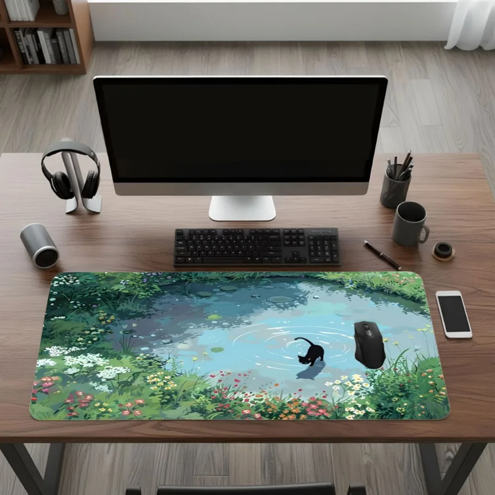 

Studio Ghibli Style Cat Desk Mat, XL Extended Gaming Mouse Pad, Non-Slip Base, Cute Forest Desk Decor for Study & Work