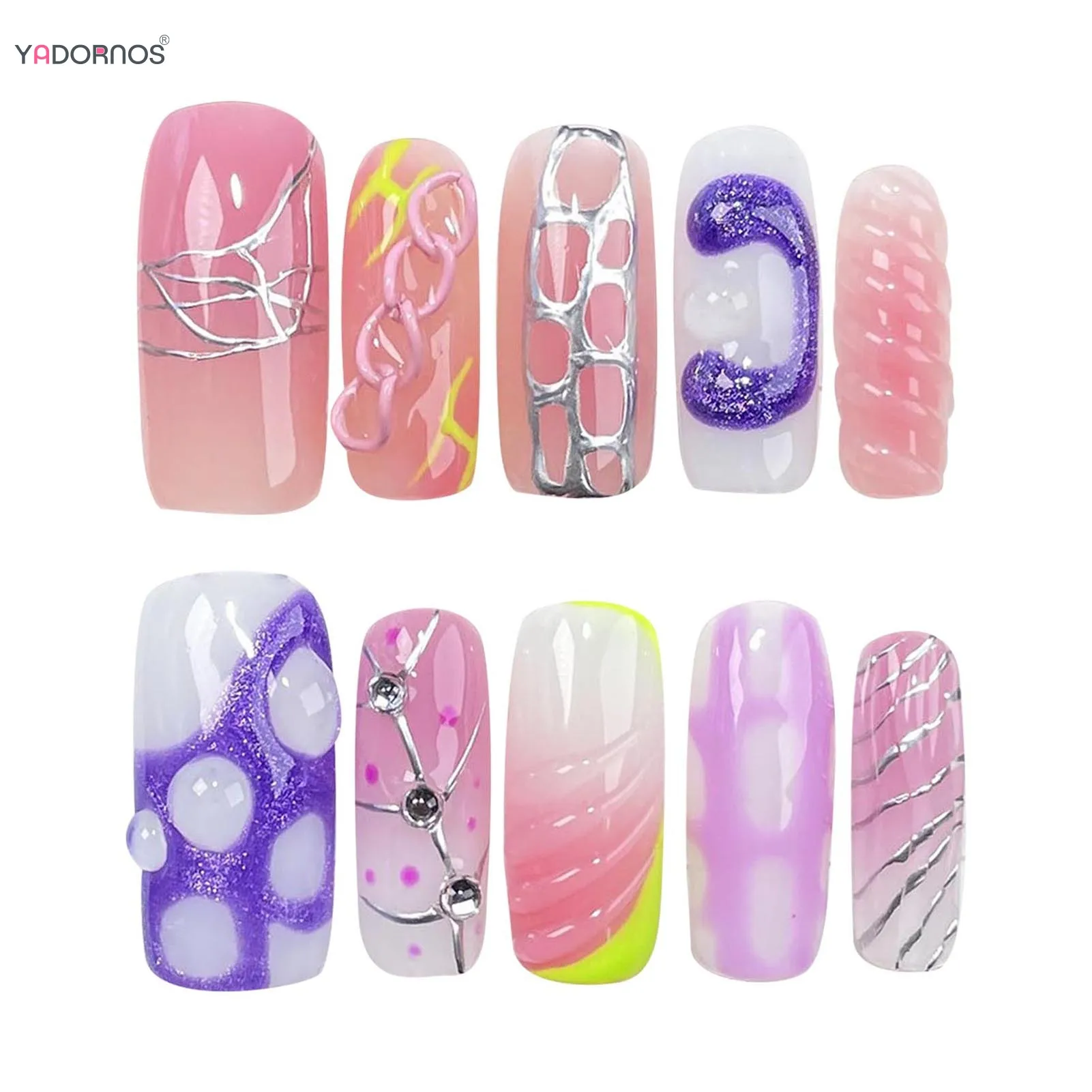 10ชิ้นเล็บปลอมสีขาวสีชมพูยาวโลงศพแบบไล่ระดับสีงานทำมือกดบนเล็บด้วยการตกแต่งที่ถอดออกได้ทำเล็บสำหรับเด็กผู้หญิง