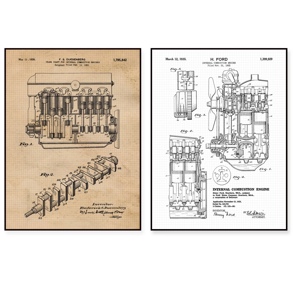Vintage American muscle car engine patent print, man cave garage mechanic student gift, wall decor poster art style