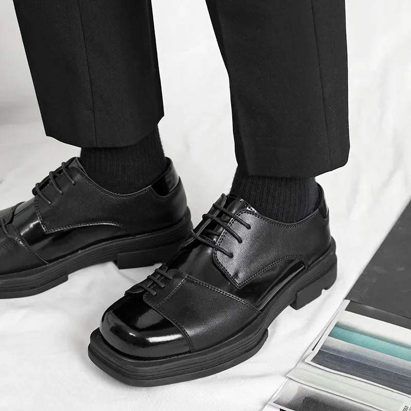 Men Genuine Leather Derby Shoes Vintage Square Toe Male Lace Up Platform Dress Shoes Black Business Footwear Wedding Shoes