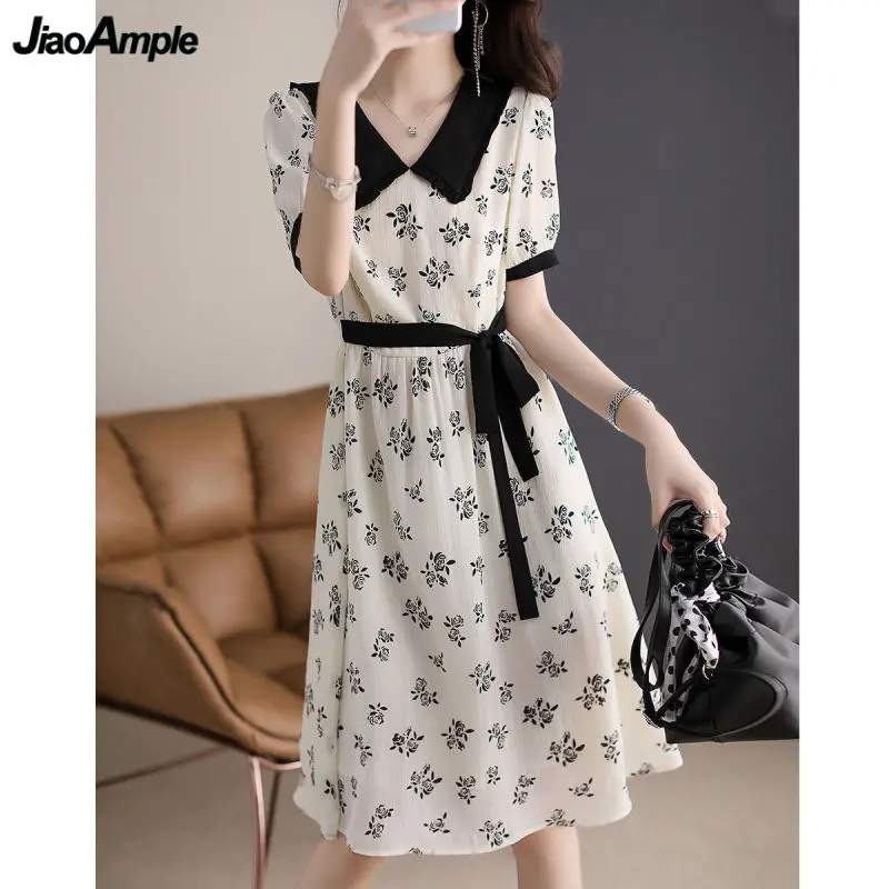 

Women Summer Graceful Printing Dress Korean Lady Peter Pan Collar Short Sleeve Waistbelt Patchwork Dresses 2024 New Clothes Gift