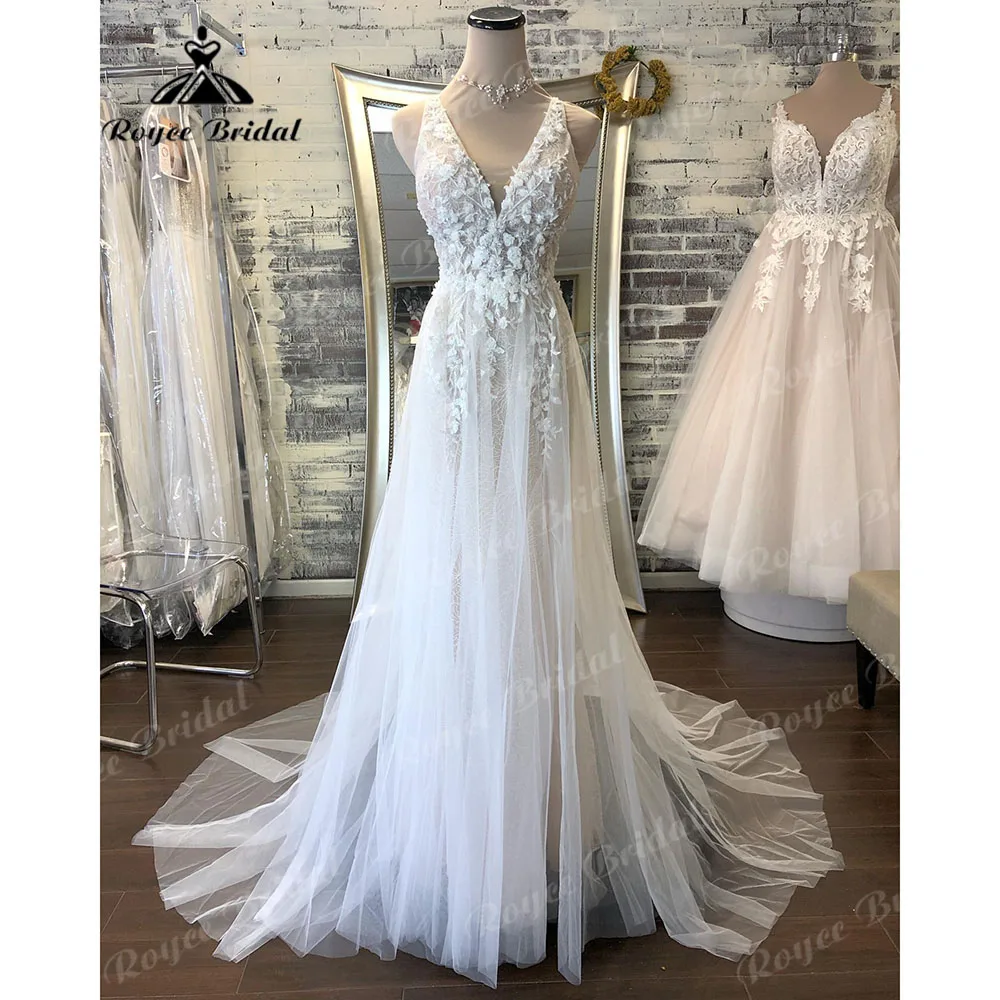 Robe Civil Off Shoulder Floral Lace Boho Wedding Dress with V Neck 2024 Bridal Gown Backless robe de mariee boheme Roycebridal