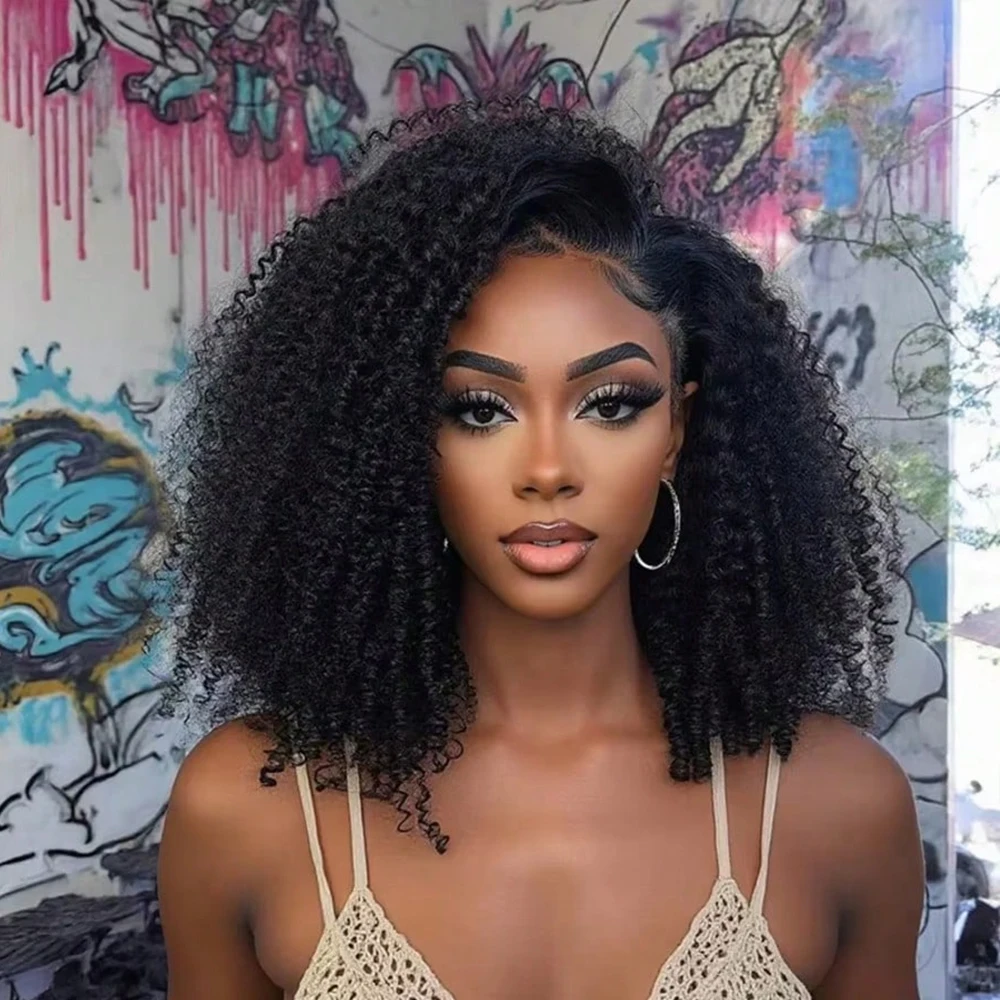 نصف باروكة شعر بشري غريب مجعد نصف باروكة 200 كثافة 3 في 1 شعر مستعار بدون صمغ بدون خياطة شعر بشري مع رباط للنساء #1