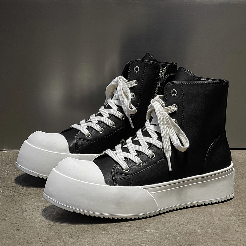 Celebrity Style Black High Top Men Shoes Thick Sole Height Increasing Couple Casual Round Toe High-end Short Boots
