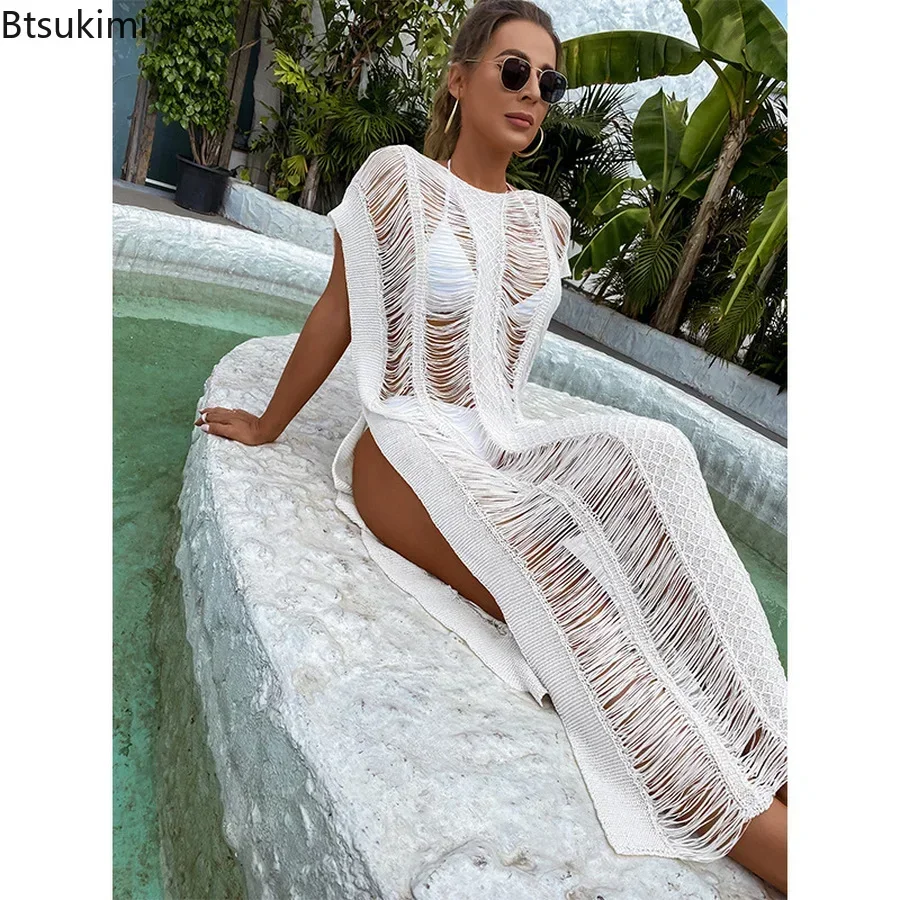 2024 Bikini blanco de verano para mujer, Kimono Sexy de encaje, vestido largo bohemio para playa, caftán holgado transparente, traje de baño tipo