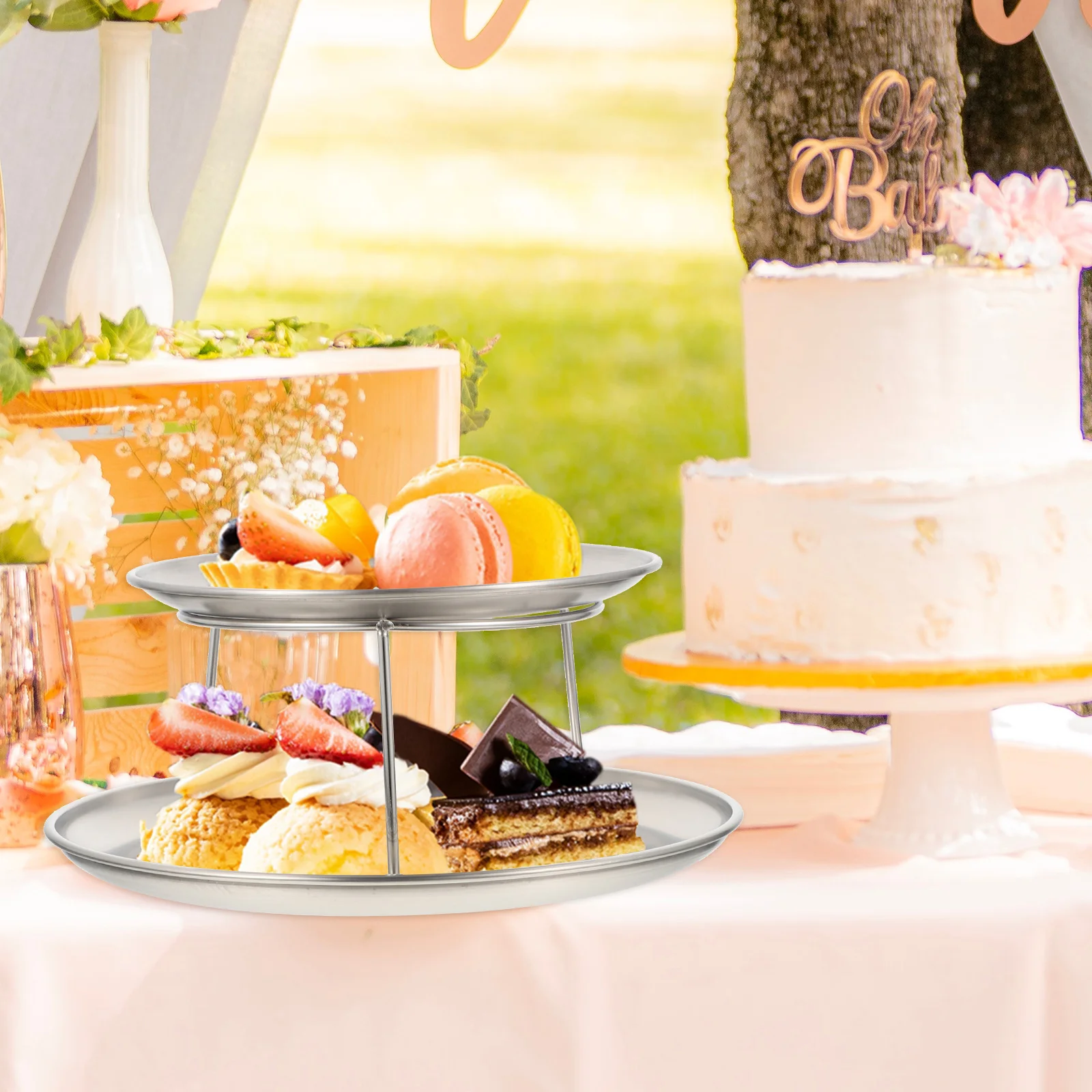 

1 Set Stainless Steel Cake Display Tray Double Layer Dessert Stand For Party Wedding Birthday Cupcake Fruit Candy Chocolate