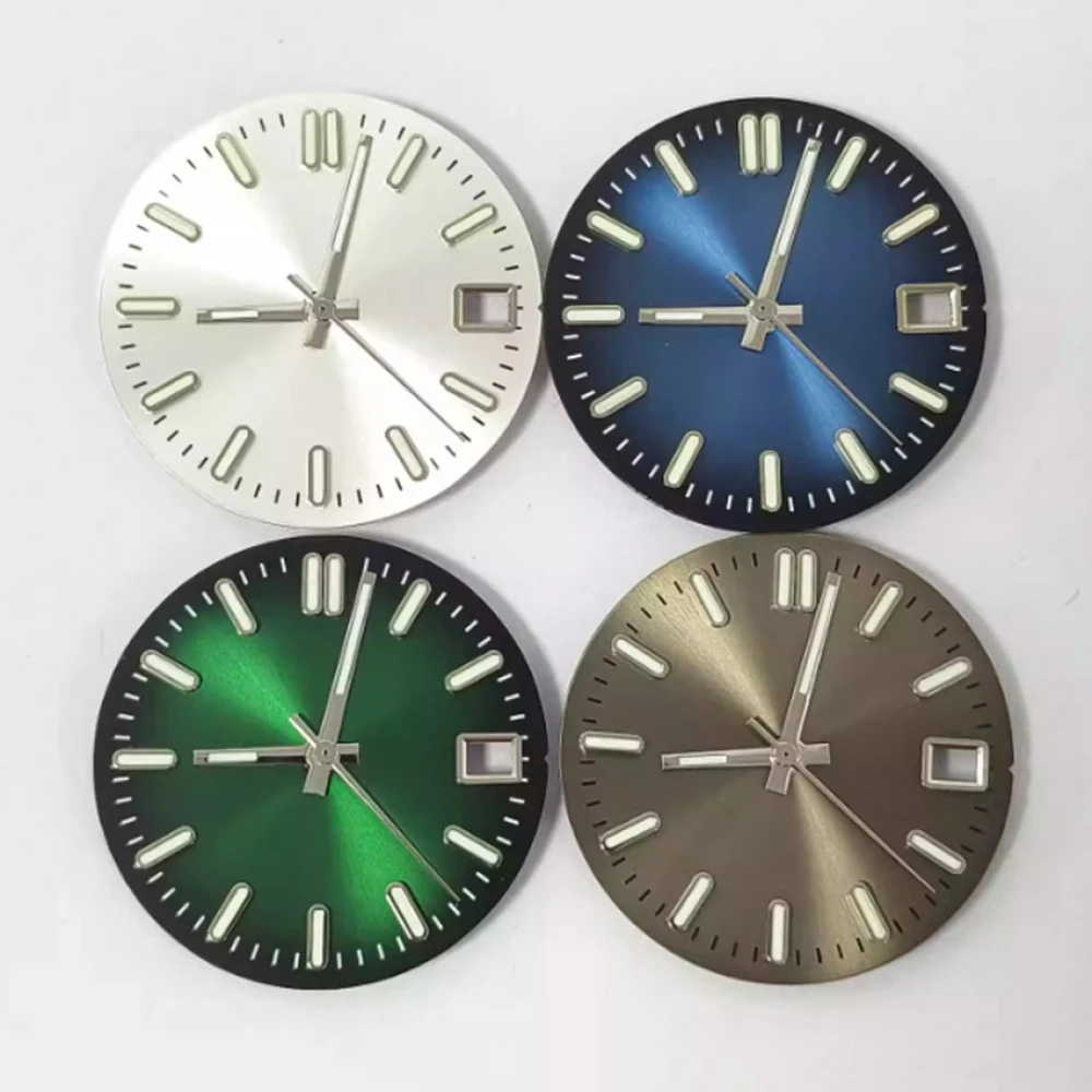 

Зеленый светящийся циферблат часов 28,5 мм с солнечным узором и иглой-дубиной, двухцветный градиентный циферблат с окошком для механизмов NH35/NH36